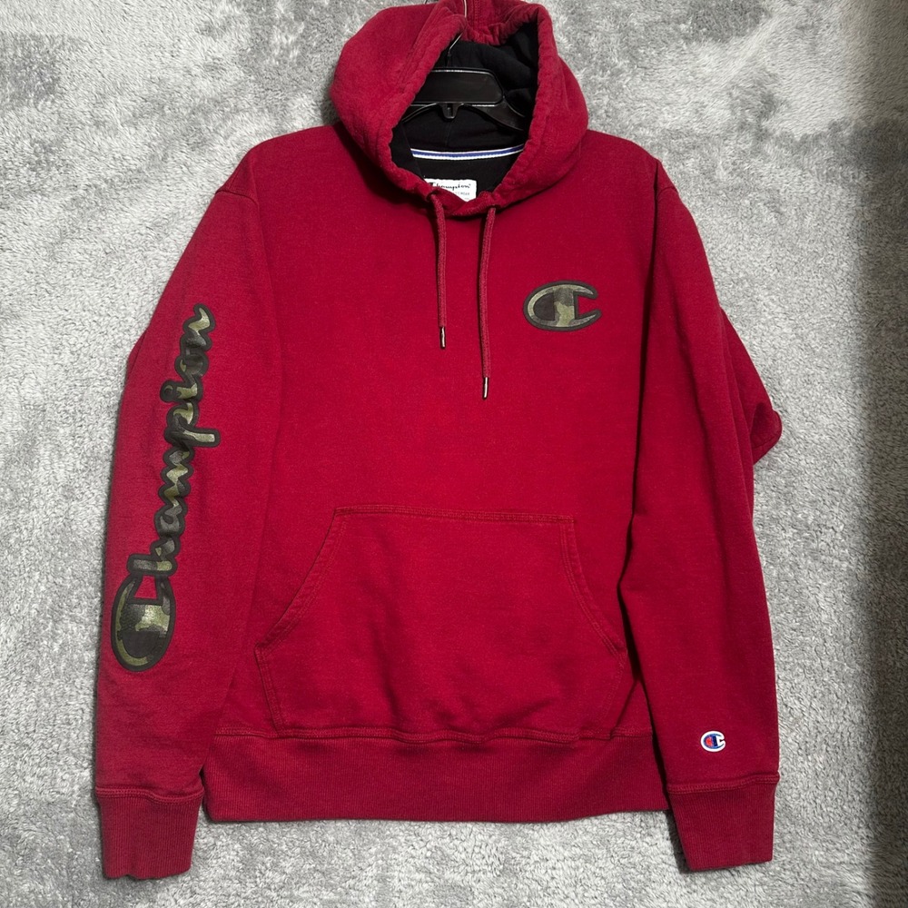Champion Hoodie Mens Medium Red Camo Logo Graphic Pullover‎ Sweatshirt GF89H